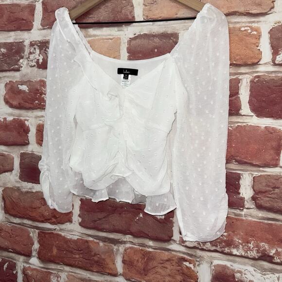 Lulus Crop Top Women's Extra Small White Swiss Dot Chic Ruffle Casual Shirt - Picture 3 of 8